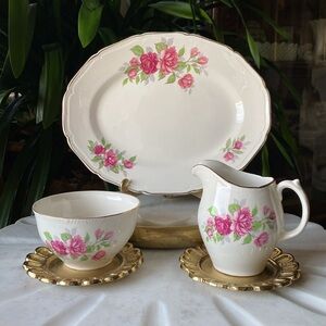 Vintage 3 Piece Royal Swan Roses + Gold Platter, Cream + Sugar - 1940’s Dish Set